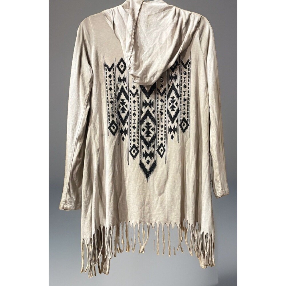 Vocal USA Women’s Small Hooded Aztec Fringe Tunic Top Beige Rhinestone Boho